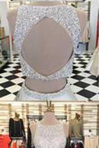 Stunning White Satin Two Pieces Sequins Rhinestone Round Neck A-line Prom Dresses RS814