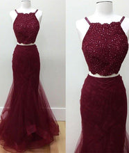 Load image into Gallery viewer, Hot-Selling Two-Piece Mermaid Halter Sleeveless Burgundy Long Prom Dress with Beading RS779