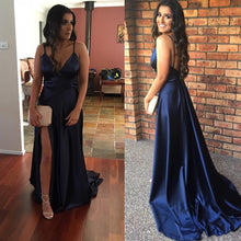 Load image into Gallery viewer, Simple Dark Navy Deep V-neck Split Long Prom Evening Gowns with Train Prom Dresses RS750