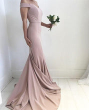Load image into Gallery viewer, Blush Pale Pink Sexy Off the Shoulder Mermaid Charming Satin Sweep Train Prom Dresses RS163