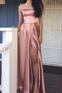 2024 Pink Elegant A-Line Cheap Off the Shoulder Long Slit Prom Dresses RS146
