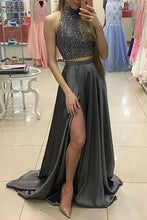 Load image into Gallery viewer, Two Pieces Beaded Gray Front Split Long Modest Prom Dresses Sparkly Prom Dresses RS675