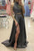 Two Pieces Beaded Gray Front Split Long Modest Prom Dresses Sparkly Prom Dresses RS675