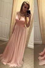 Load image into Gallery viewer, Sexy Blush Pink Backless Simple Long V-Neck Spaghetti Straps Backless Prom Dresses RS768