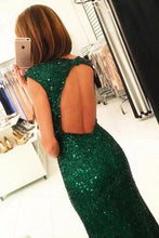 Load image into Gallery viewer, Dark Green Open Back Long Prom Dresses Sequins Split Bridesmaid Dress RS002