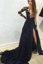 Load image into Gallery viewer, New Style Black Long Sleeves Lace Deep V Neck Thigh-High Slit Sexy Lace Evening Gowns RS111
