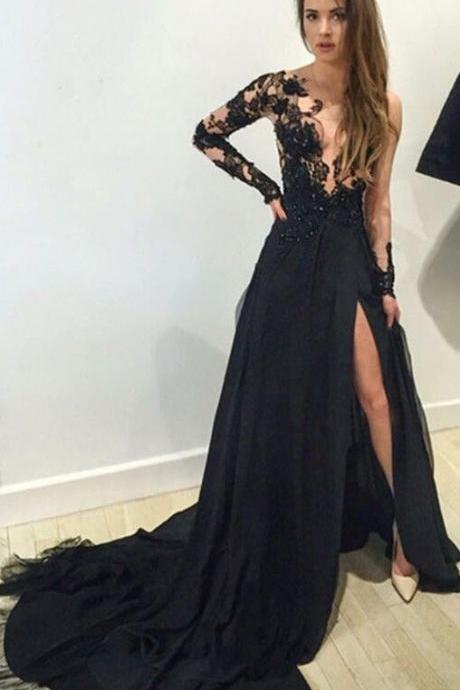New Style Black Long Sleeves Lace Deep V Neck Thigh-High Slit Sexy Lace Evening Gowns RS111