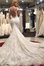 Load image into Gallery viewer, Gorgeous Scoop Illusion Back Cap Sleeves Court Train Lace Sexy Mermaid Wedding Dresses RS285