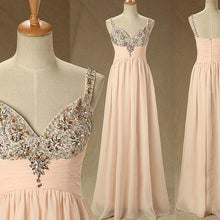 Load image into Gallery viewer, Pale Pink Unique A Line with Spaghetti Straps Open Back Backless Chiffon Prom Dresses RS29