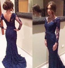 Load image into Gallery viewer, Evening Dress Mermaid Prom Dress navy blue prom dress lace prom dress BD007