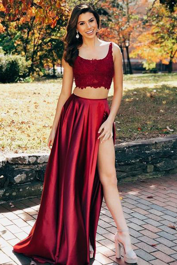 Chic Two Piece Sleeveless Satin Floor Length Prom Dresses with Split Side