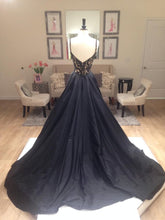 Load image into Gallery viewer, New Arrival Deep V-Neck Lace Chiffon Elegant A-line Black Long Open Back Prom Dresses RS822