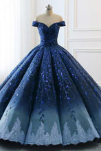 Load image into Gallery viewer, Ball Gown Navy Blue Lace Applique Ombre Off the Shoulder Princess Prom Dresses,Quinceanera Dresse PW269