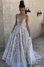 Load image into Gallery viewer, 2024 A-Line White Long Tulle Deep V Neck Lace Sleeveless Appliques Prom Dresses RS850
