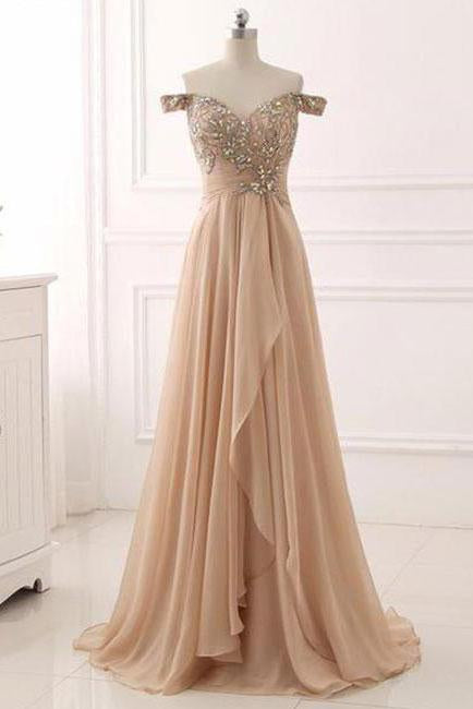 A Line Chiffon Sweetheart Off the Shoulder Beads Open Back Cheap Prom Dresses RS148