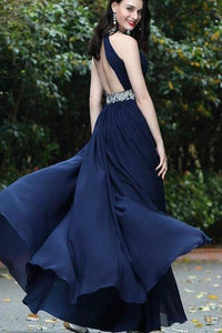 Sexy A-Line Beads Halter Cheap Royal Blue Simple Chiffon Backless Prom Dresses RS431