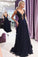 Modest A Line V Neck Open Back Navy Blue Lace Long Prom Dresses with Beading RS136