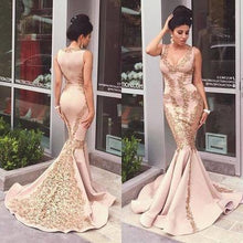 Load image into Gallery viewer, Lace Applique Mermaid Long Gold V-Neck Ruffles Sexy Straps Evening Dresses Party Dresses RS55