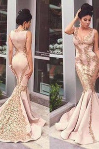 Lace Applique Mermaid Long Gold V-Neck Ruffles Sexy Straps Evening Dresses Party Dresses RS55