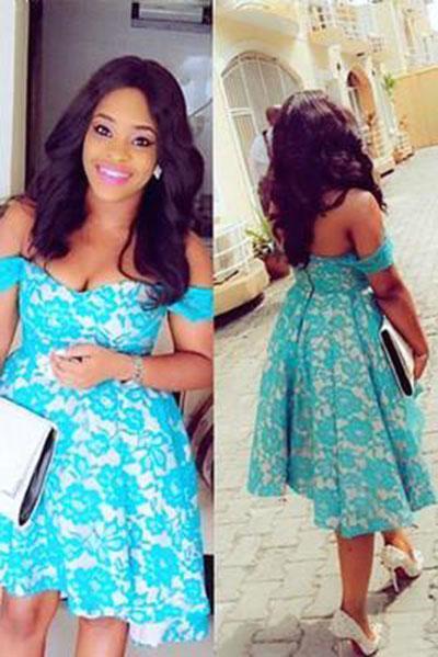 Short Off-shoulder Blue Lace Ruched Hi-lo Satin Chic Cocktail Dress Homecoming Dress RS94