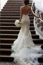 Load image into Gallery viewer, Backless White Lace Mermaid Spaghetti Straps Long Tulle Sexy Open Back Dress For Bridal RS284