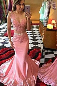 Pink Mermaid Long Illusion Bodice Applique Pearls Sheer Satin Sleeveless Prom Dresses RS36