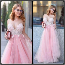 Load image into Gallery viewer, Pink Tulle Scoop Neck Princess Sweetheart Floor-length with Appliques Lace Prom Dresses RS807