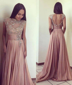 2024 Scoop Beads Long Cheap Open Back Chiffon Pink A-Line Sleeveless Prom Dresses RS777