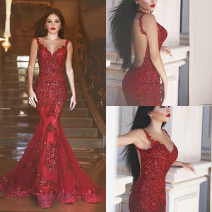 Gorgeous Red Mermaid V-neck Backless Prom Dresses with Beading Appliques For Spring Teens RS130