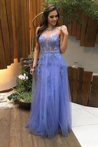 Tulle lace see-through open back sexy A-line long prom dresses evening dresses