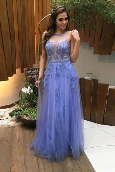 Tulle lace see-through open back sexy A-line long prom dresses evening dresses