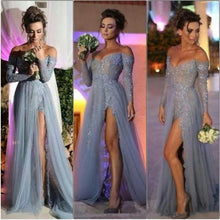 Load image into Gallery viewer, Charming Off the Shoulder Appliques Grey Long-Sleeves Evening Dress Elegant Prom Gowns RS79