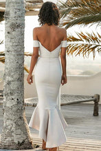 Load image into Gallery viewer, Mermaid Off the Shoulder Sweetheart Ivory Satin Open Back Ruffles Bridesmaid Dresses RS756