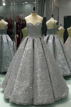 Load image into Gallery viewer, Sweetheart Gray Sleeveless Long Sequins Strapless Ball Gown Shiny Winter Prom Dresses RS575