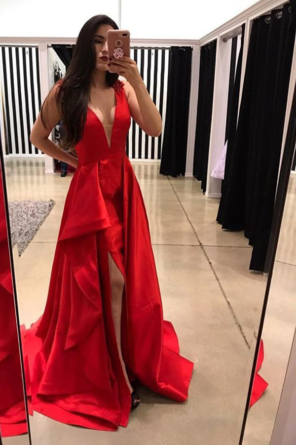 Chic Red Deep V Neck Prom Dresseses Formal Party Dresses with Split Side