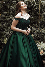 Load image into Gallery viewer, A-Line Ball Gown Off the Shoulder Green Sleeveless Sweetheart Lace Satin Prom Dresses RS555