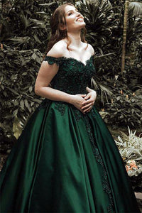 A-Line Ball Gown Off the Shoulder Green Sleeveless Sweetheart Lace Satin Prom Dresses RS555