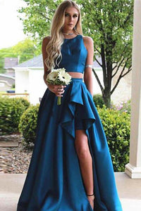 Simple Vintage Two Pieces A-line Blue Sleeveless Slit Long Scoop Woman Evening Dresses RS232