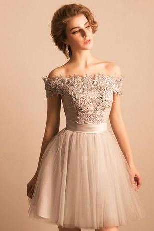 2024 Off-the-Shoulder Lace Short Prom Dress Beading Tulle Cute Lace-up Homecoming Dress RS247