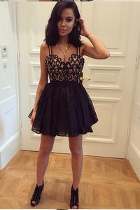 A-Line Straps Backless Short Black Chiffon Open Back Lace Pleats Homecoming Dress RS799