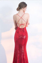 Load image into Gallery viewer, V-Neck Red Mermaid Spaghetti Straps Sparkly Backless Sleeveless Sequins Evening Dresses RS242