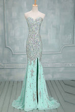 Load image into Gallery viewer, Sexy Mermaid Rhinestones Sweetheart Front Split Mint Chiffon Prom Dresses RS620