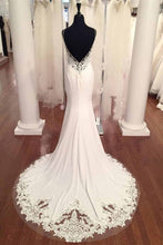 Load image into Gallery viewer, Spaghetti Strap V-Neck Vintage Lace Mermaid Backless Appliques Jersey Beach Wedding Dress RS882