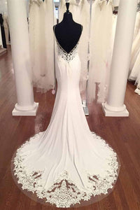 Spaghetti Strap V-Neck Vintage Lace Mermaid Backless Appliques Jersey Beach Wedding Dress RS882