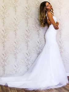 White Lace Mermaid Sweetheart Tulle Spaghetti Straps Backless Affordable Wedding Dresses RS778