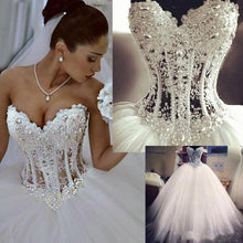Load image into Gallery viewer, Ball Gown Lace Pearl Beads Unique Arabic Sweetheart White Tulle Princess Wedding Dress RS686