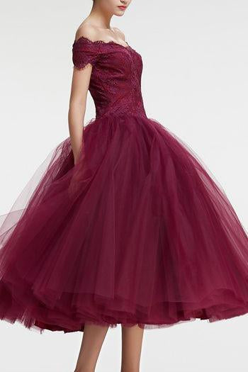 Vintage Princess Off the Shoulder Tea Length Ball Gown Scoop Burgundy Homecoming Dress RS860