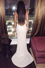 Load image into Gallery viewer, Mermaid Deep V-Neck Sweep Train Backless Criss-Cross Straps Ivory Sequined Prom Dresses RS169
