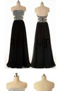 Sexy A-line Backless Long Black Beaded Bodice Slit Side Chiffon Evening Prom Dresses RS15