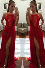 Load image into Gallery viewer, Sexy Unique Red A-Line Halter Split-Front Formal Dress Chiffon Sleeveless Long Prom Dresses RS253